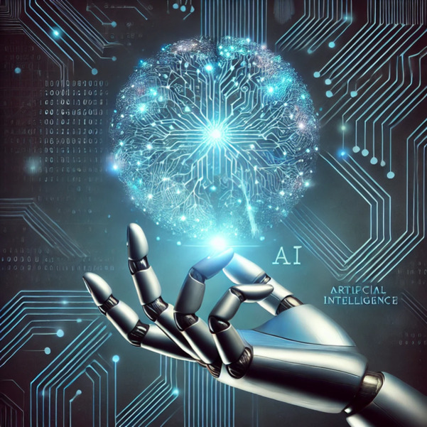 로봇 손이 빛나는 인공지능 두뇌 모양의 회로를 가리키고 있는 미래적인 이미지